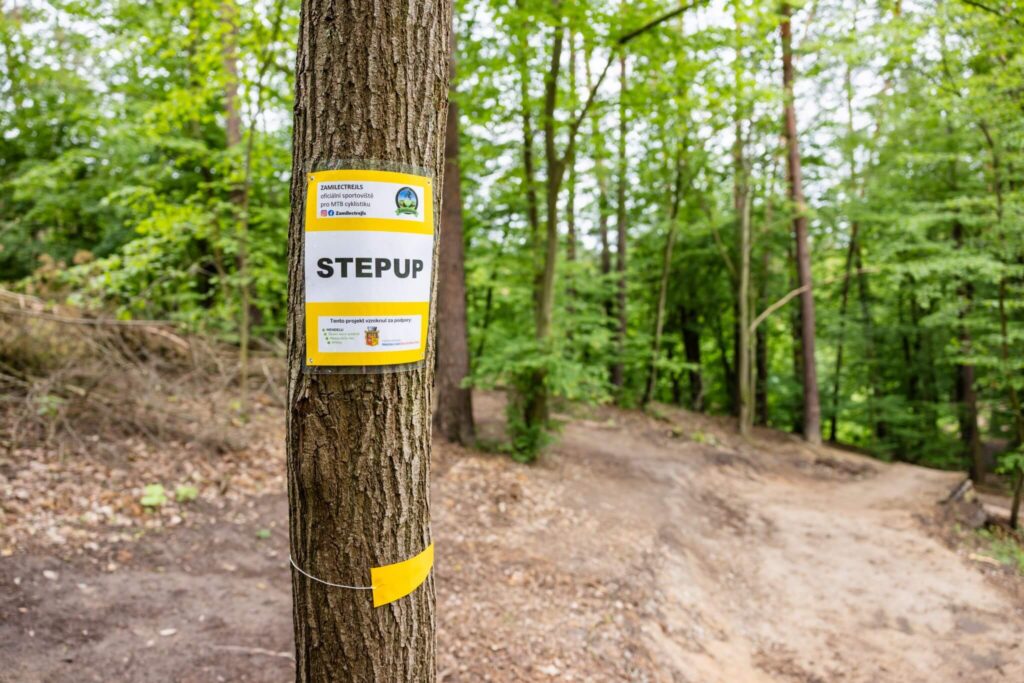 pohled na cyklistickou trať s detailem značení na kmeni stromu